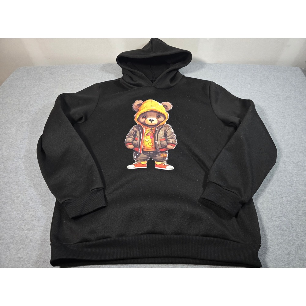 Manfinity Mens XL Black Hoodie Streetwear Teddy Bear Graphic Pullover Sweatshirt